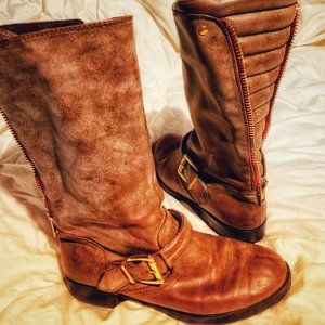 Justfab mid-calf brown moto boots with buckle. light brown size 8.5